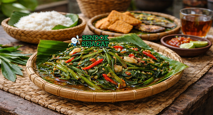 Stir-fried water spinach khas Asia Tenggara dengan kangkung hijau renyah dibalut bumbu cabai dan terasi, disajikan hangat di piring