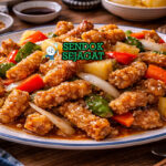 Hidangan tangsuyuk Korea autentik dengan potongan daging babi kriuk keemasan berbalut saus asam manis mengkilap, irisan bawang bombay, wortel dan nanas di piring putih yang menggugah selera