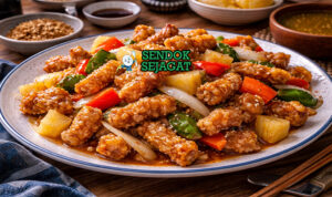 Hidangan tangsuyuk Korea autentik dengan potongan daging babi kriuk keemasan berbalut saus asam manis mengkilap, irisan bawang bombay, wortel dan nanas di piring putih yang menggugah selera