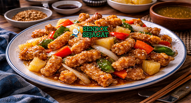 Hidangan tangsuyuk Korea autentik dengan potongan daging babi kriuk keemasan berbalut saus asam manis mengkilap, irisan bawang bombay, wortel dan nanas di piring putih yang menggugah selera