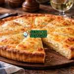 Tarte aux Maroilles khas Prancis dengan pai keju Maroilles creamy berwarna keemasan, disajikan hangat di piring putih