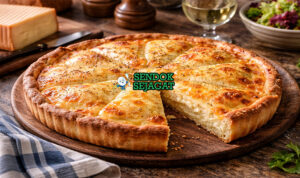 Tarte aux Maroilles khas Prancis dengan pai keju Maroilles creamy berwarna keemasan, disajikan hangat di piring putih