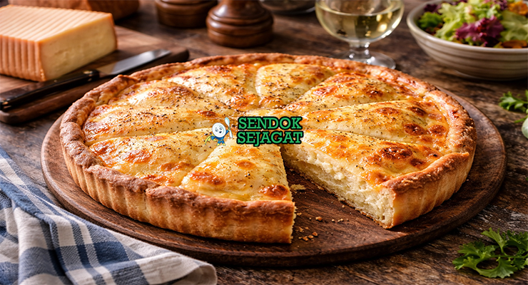 Tarte aux Maroilles khas Prancis dengan pai keju Maroilles creamy berwarna keemasan, disajikan hangat di piring putih