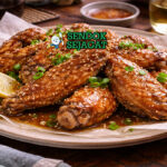 Tebasaki khas Jepang dengan sayap ayam goreng renyah keemasan, terbalut saus jahe bawang merah, disajikan di piring dengan lemon wedges