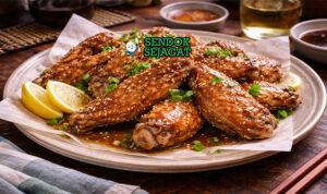 Tebasaki khas Jepang dengan sayap ayam goreng renyah keemasan, terbalut saus jahe bawang merah, disajikan di piring dengan lemon wedges