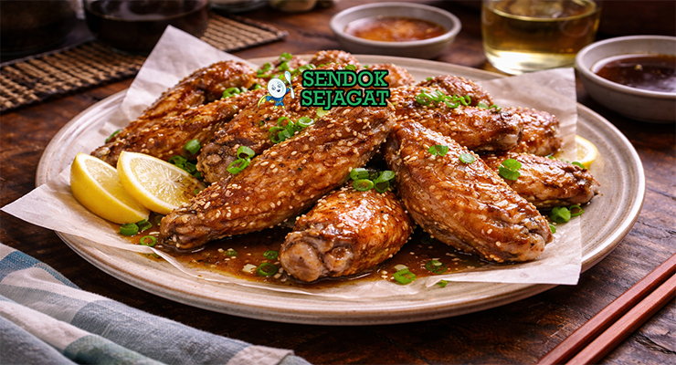 Tebasaki khas Jepang dengan sayap ayam goreng renyah keemasan, terbalut saus jahe bawang merah, disajikan di piring dengan lemon wedges