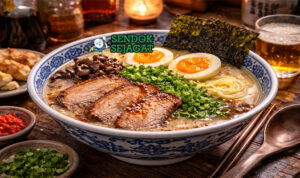 Tonkotsu ramen khas Jepang dengan kuah putih kental, mi tebal, chashu pork, telur setengah matang, nori, dan daun bawang disajikan di mangkuk hitam