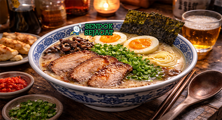 Tonkotsu ramen khas Jepang dengan kuah putih kental, mi tebal, chashu pork, telur setengah matang, nori, dan daun bawang disajikan di mangkuk hitam