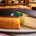 Tourteau fromager khas Prancis dengan pai keju kambing creamy berwarna keemasan dan retakan di permukaan, disajikan di piring putih