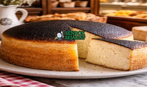 Tourteau fromager khas Prancis dengan pai keju kambing creamy berwarna keemasan dan retakan di permukaan, disajikan di piring putih