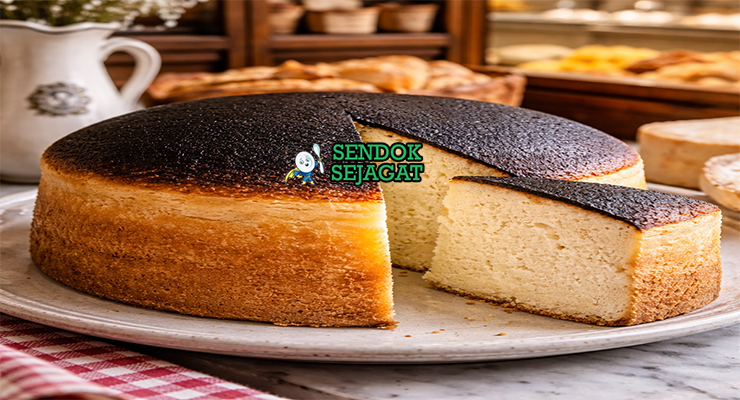 Tourteau fromager khas Prancis dengan pai keju kambing creamy berwarna keemasan dan retakan di permukaan, disajikan di piring putih