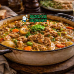 Tripes à la Mode de Caen khas Prancis dengan babat empuk dalam kuah cider kuning keemasan, bawang bombay, wortel, dan rempah disajikan hangat