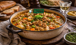 Tripes à la Mode de Caen khas Prancis dengan babat empuk dalam kuah cider kuning keemasan, bawang bombay, wortel, dan rempah disajikan hangat