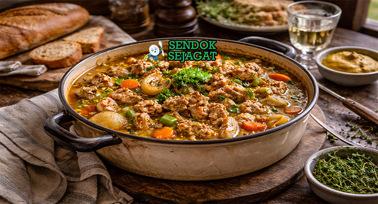 Tripes à la Mode de Caen khas Prancis dengan babat empuk dalam kuah cider kuning keemasan, bawang bombay, wortel, dan rempah disajikan hangat