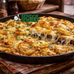 Truffade khas Prancis dengan kentang renyah keemasan dan keju meleleh creamy, disajikan di wajan besi dengan parsley tabur