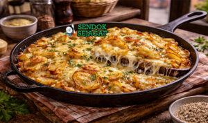 Truffade Khas Prancis Siap Sajian Panas di Wajan Truffade khas Prancis dengan kentang renyah keemasan dan keju meleleh creamy, disajikan di wajan besi dengan parsley tabur