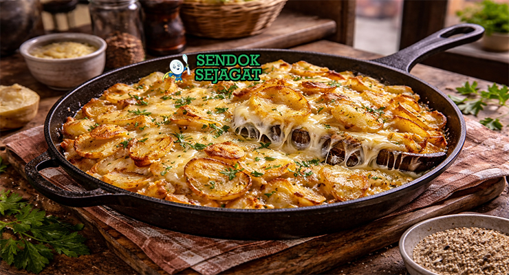 Truffade khas Prancis dengan kentang renyah keemasan dan keju meleleh creamy, disajikan di wajan besi dengan parsley tabur