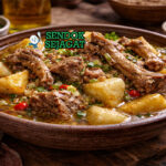 Ukodo Khas Nigeria Siap Sajian Panas dengan Eba Ukodo khas Nigeria dengan kuah pedas kental, potongan ubi empuk, ikan kering, dan daun uziza disajikan di mangkuk dengan eba