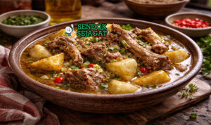 Ukodo khas Nigeria dengan kuah pedas kental, potongan ubi empuk, ikan kering, dan daun uziza disajikan di mangkuk dengan eba