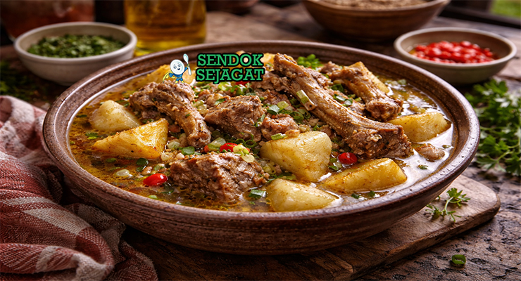 Ukodo khas Nigeria dengan kuah pedas kental, potongan ubi empuk, ikan kering, dan daun uziza disajikan di mangkuk dengan eba