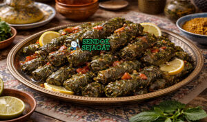 Warak Enab Siap Sajian dengan Yogurt Segar Warak enab khas Timur Tengah dengan gulungan daun anggur isi daging cincang dan rempah, disajikan hangat di piring dengan yogurt