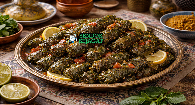 Warak enab khas Timur Tengah dengan gulungan daun anggur isi daging cincang dan rempah, disajikan hangat di piring dengan yogurt